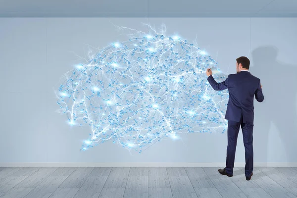 Bir duvar 3d render dijital beyin arabirimini kullanarak iş adamı