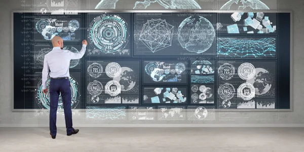 Üzerinde bir kurulu 3d renderin grafik ekranlar arabirimini kullanarak iş adamı