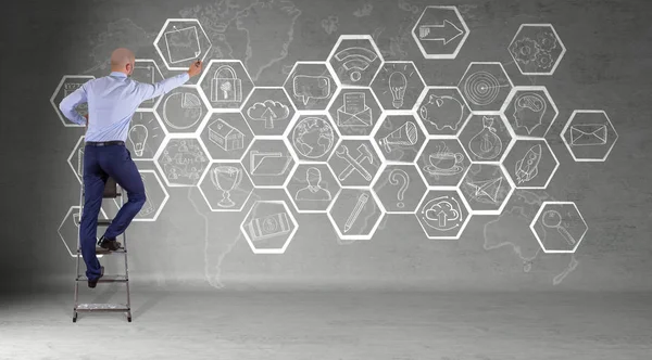 İşadamı bir duvar 3d ren multimedya arabirimi kroki çizim