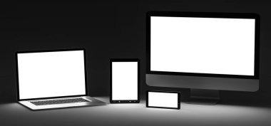 Karanlık modern bilgisayar dizüstü cep telefonu ve tablet 3d render