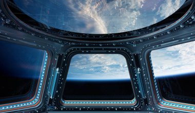 Bir uzay istasyonu pencere 3d işleme el Dünya gezegeninden görünümünü