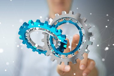 Kayan modern dişli mekanizması 3B oluşturmayı kullanarak iş kadını