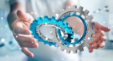 Kayan modern dişli mekanizması 3B oluşturmayı kullanarak iş adamı