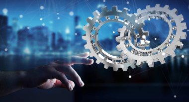 Kayan modern dişli mekanizması 3B oluşturmayı kullanarak iş adamı