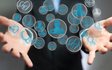 Modern tıbbi arabirimi 3d işlemesini kullanan iş adamı