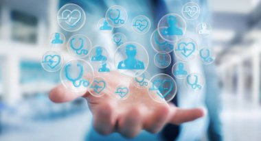 Modern tıbbi arabirimi 3d işlemesini kullanan iş adamı