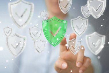 Modern veri kalkan virüsten koruma 3d işlemesini kullanan iş kadını