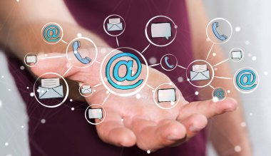 Çizilmiş grafik iletişim ve bağlantı ile tutan işadamı