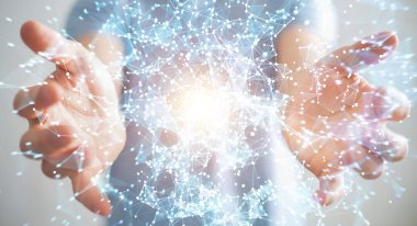 Uçan ağ bağlantısı 3d render tutan işadamı