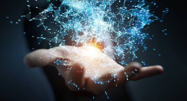 Uçan ağ bağlantısı 3d render tutan işadamı