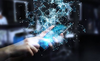 Uçan ağ bağlantısı 3d render tutan işadamı