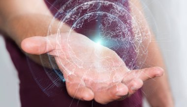 İşadamı 3d rende tarafından aktive uçan Dünya ağ arabirimi