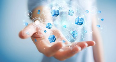 İşadamı 3d rende tarafından aktive uçan Dünya ağ arabirimi