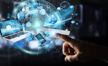 Teknik cihazlar birbirine işadamı 3d render tarafından bağlı