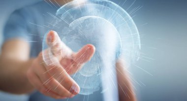 İşadamı 3d rende tarafından aktive uçan Dünya ağ arabirimi