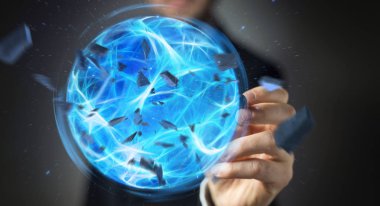 İşadamı bir güç top onun el 3d rendering ile oluşturma