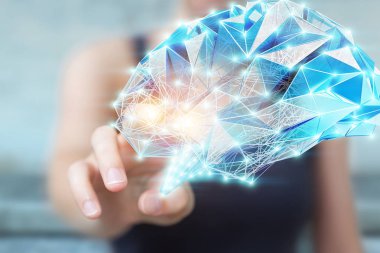 3d r işkadını dijital röntgen insan beyninde onu tutan el