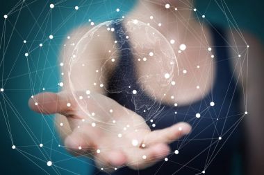 Uçan Dünya ağ arabirimi 3d işlemesini kullanan iş kadını