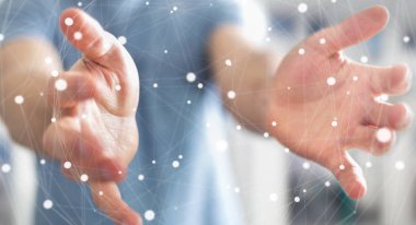 Kayan nokta ağ 3d render tutan işadamı