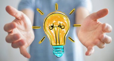 Holding ve bir ampul dokunmadan işadamı kroki