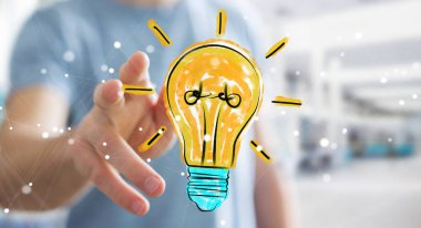 Holding ve bir ampul dokunmadan işadamı kroki