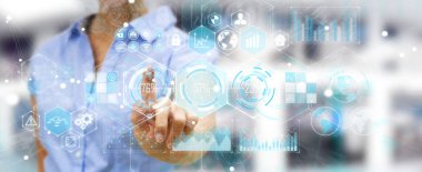 Dijital ekranlar 3d renderin hologramlar verileri kullanarak iş adamı