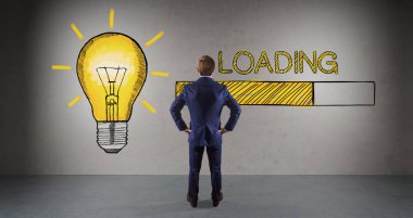 İş adamı izlerken yükleme kroki üzerinde bir duvar 3d render