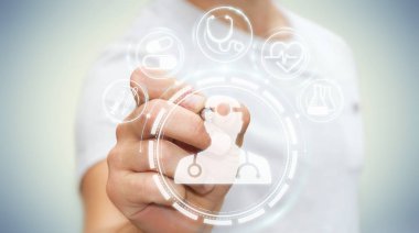 Bir kalem 3d render ile dijital tıbbi arabirimini kullanarak iş adamı