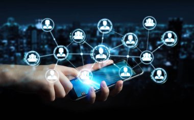 Telefon 3d renderin sosyal ağ bağlantısı kullanarak iş adamı