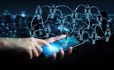 İşadamı el kullanarak sosyal ağ telefonu ile çizilmiş.