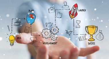 Eliyle el yazması proje sunum kullanarak iş adamı