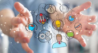 Eliyle el yazması proje sunum kullanarak iş adamı