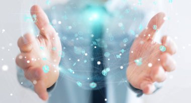 Hologram veriler dijital küre 3B oluşturmayı kullanarak iş adamı