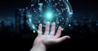 Hologram veriler dijital küre 3B oluşturmayı kullanarak iş adamı