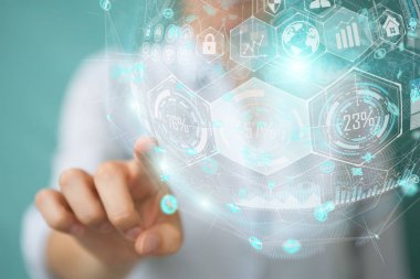 Hologram veriler dijital küre 3B oluşturmayı kullanarak iş kadını