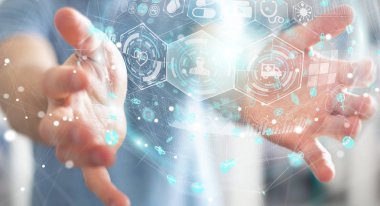 Dijital Sağlık Küre 3d işlemesini kullanan iş adamı