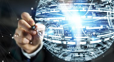 Hologram küre 3d render çizim işadamı