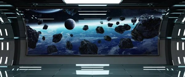 Interior de la nave espacial con vista a la Tierra 3D elementos de renderizado de t — Foto de Stock