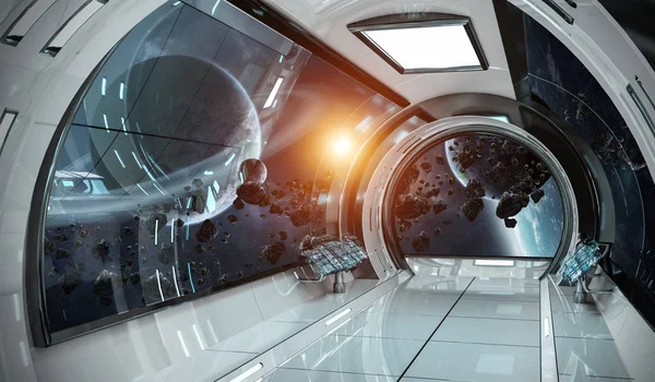 Interior da nave espacial com vista sobre planetas 3D elementos de renderização de — Fotografia de Stock