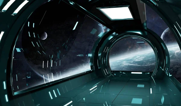 太空飞船内部与行星 3d 渲染元素的观 — 图库照片