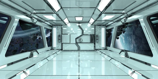 Statek kosmiczny wnętrza z widokiem na planety 3d renderowania elementów — Zdjęcie stockowe