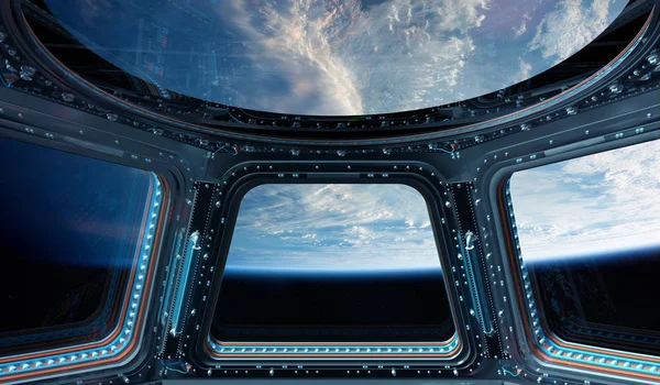 Bir uzay istasyonu pencere 3d işleme el Dünya gezegeninden görünümünü