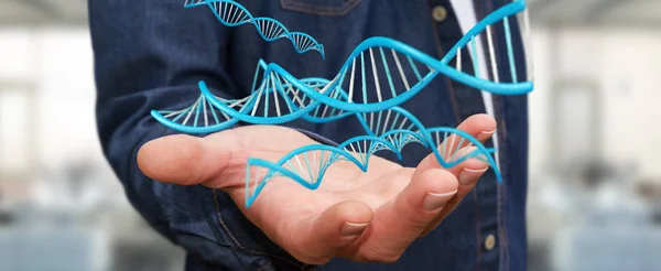 Empresário usando a moderna estrutura de DNA 3D renderização — Fotografia de Stock