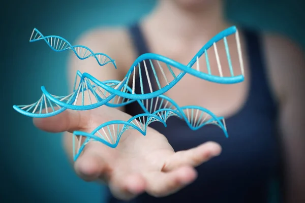 Imprenditrice che utilizza la moderna struttura del DNA rendering 3D — Foto Stock