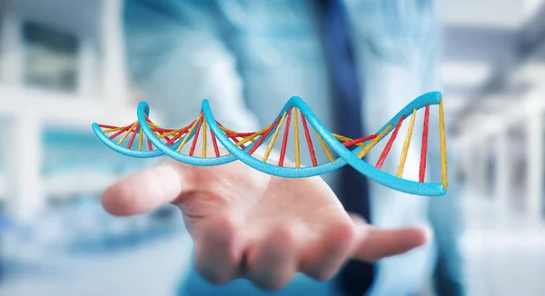Бізнесмен, використовуючи сучасну структуру ДНК 3D рендеринга — стокове фото