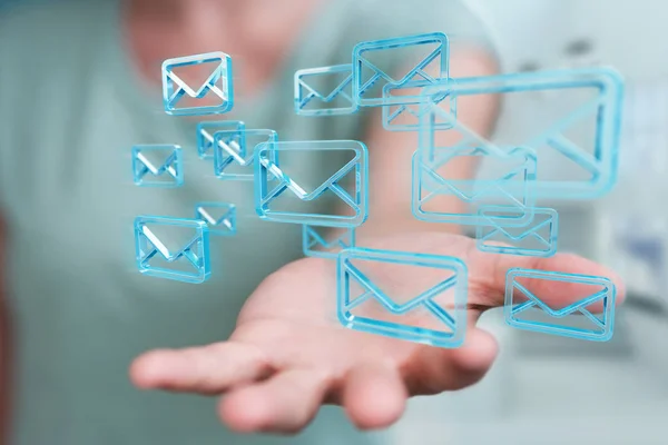 Empresaria sosteniendo y tocando correos electrónicos flotantes 3D renderizado —  Fotos de Stock
