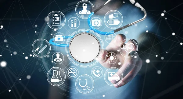 Holding ve kayan stetoskop 3d renderi dokunmadan işadamı