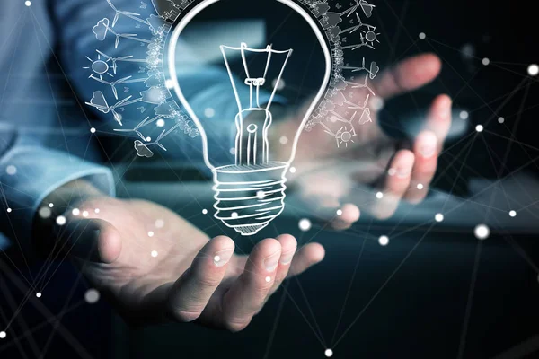 Yenilenebilir çevre ampul kroki tutan işadamı