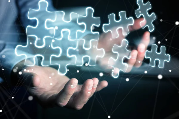 Geschäftsmann mit handgezeichneten Puzzleteilen — Stockfoto