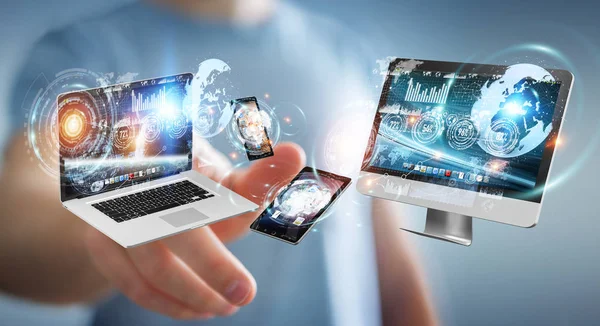 Teknoloji cihazları birbirine 3d render bağlamak işadamı